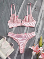 Pink Floral Embroidery Lingerie Set 2PCS Underwired Semi-Sheer Front Closure Back Double Hooks Sexy Underwear for Romantic Occas