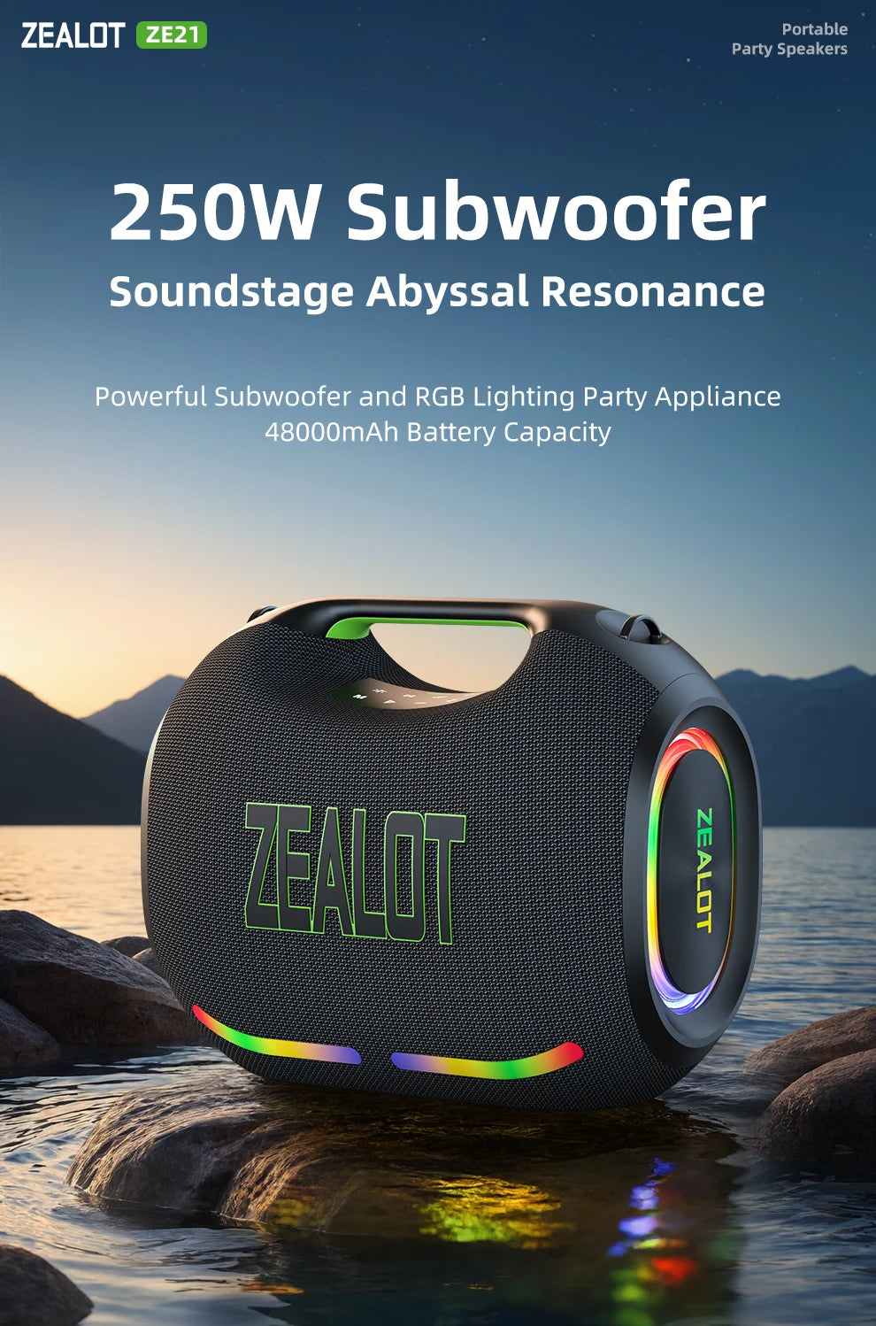 ZEALOT-ZE21 250W Portable Bluetooth Speaker High Volume Waterproof 48000mAh Wireless TWS Subwoofer Suporrt USB/TF/AUX RGB light