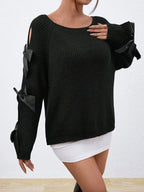 Fashionable bow details hollowed out raglan sleeves knit sweater round neck minimalist sweater