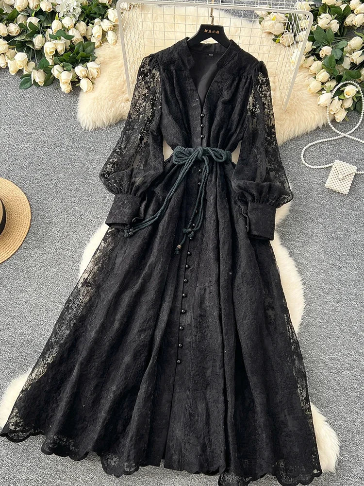 Spring Autumn French High-end Women's Dress New Lace Embroidery V-neck Lantern Sleeves Single Breasted Party Birthday Dress C192