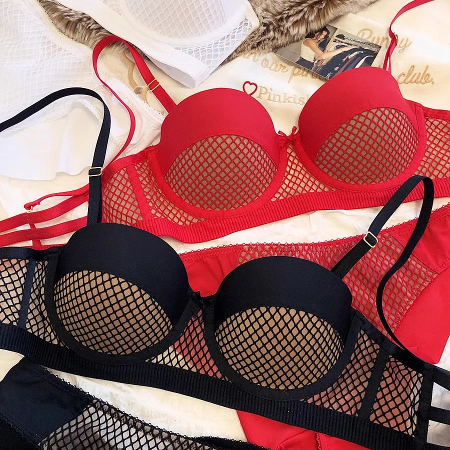 Mesh Lace Underwear Ladies Sexy Small Chest Push Up Lingerie For Women Bra Sets Red White Wedding Girls Thicken Intimates BCD Main image