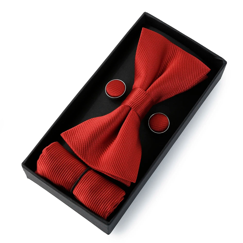 HUISHI Classic Black Bowtie Bow Ties For Mens Butterfly Bowknot Pocket Square Cufflinks Suit Set Bussiness Accessories Gift Box