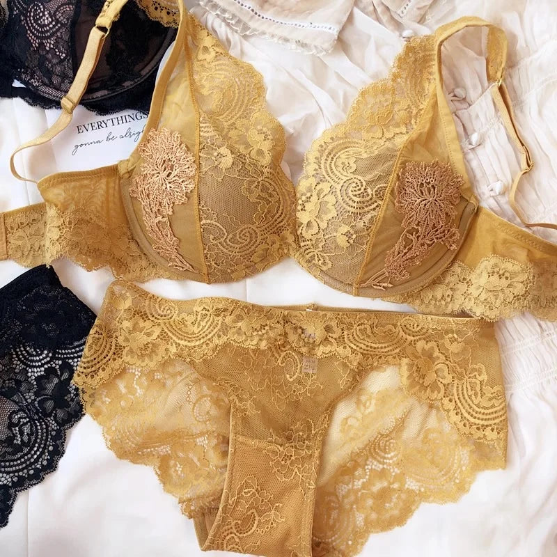 Full Lace Thin Cup Comfortable Young Girls Fashion Intimates, Wire Free Seamless Lingerie For Women Sexy Underwear Bra Pants