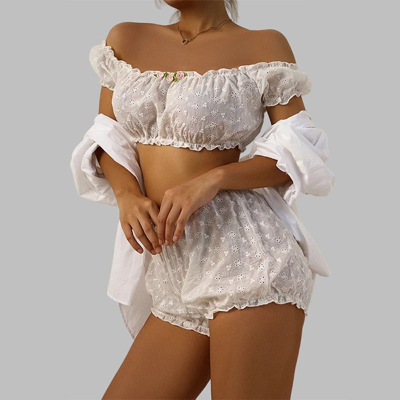 Sexy Lingerie Ruffles Floral Embroidery Women's Underwear Off Shoulder Sexy Bra Set Comfortable Cotton Intimate Underwear Set