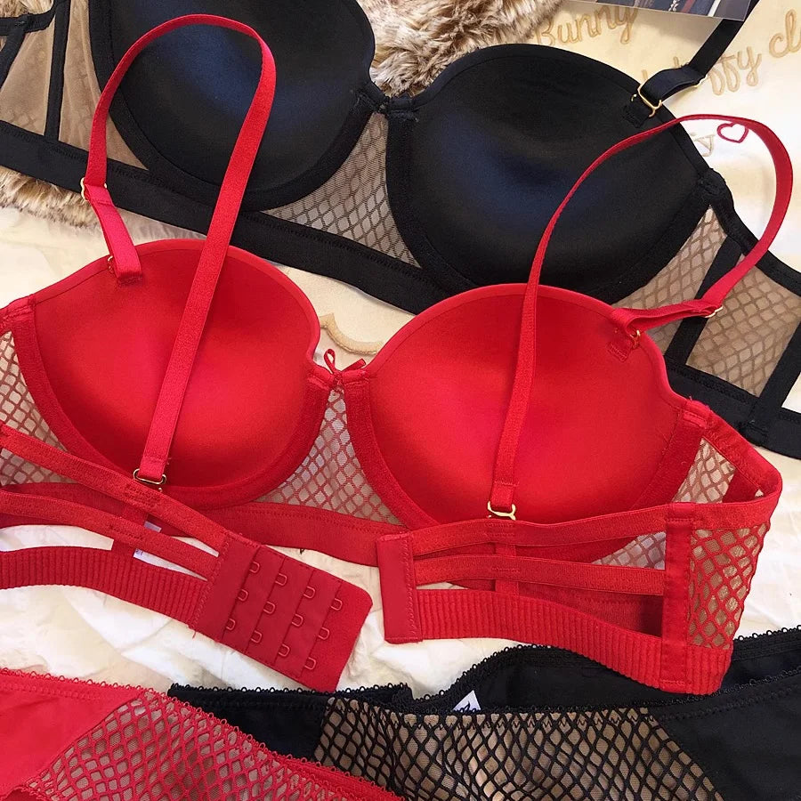 Mesh Lace Underwear Ladies Sexy Small Chest Push Up Lingerie For Women Bra Sets Red White Wedding Girls Thicken Intimates BCD