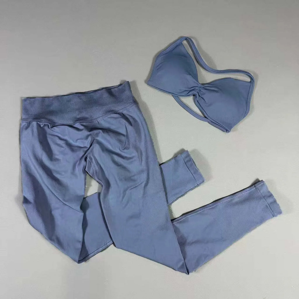 UETEEY Set For Woman Strappy Yoga Bra Sports Top Workout Leggings Set Seamless Gym Set Fitness Clothes Outfit Activewear