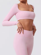 Hearuisavy Summer Quick Dry Square Neck Activewear Women Gym Top Fitness Sports Crop Top Female Casual Long Sleeve Yoga Clothes