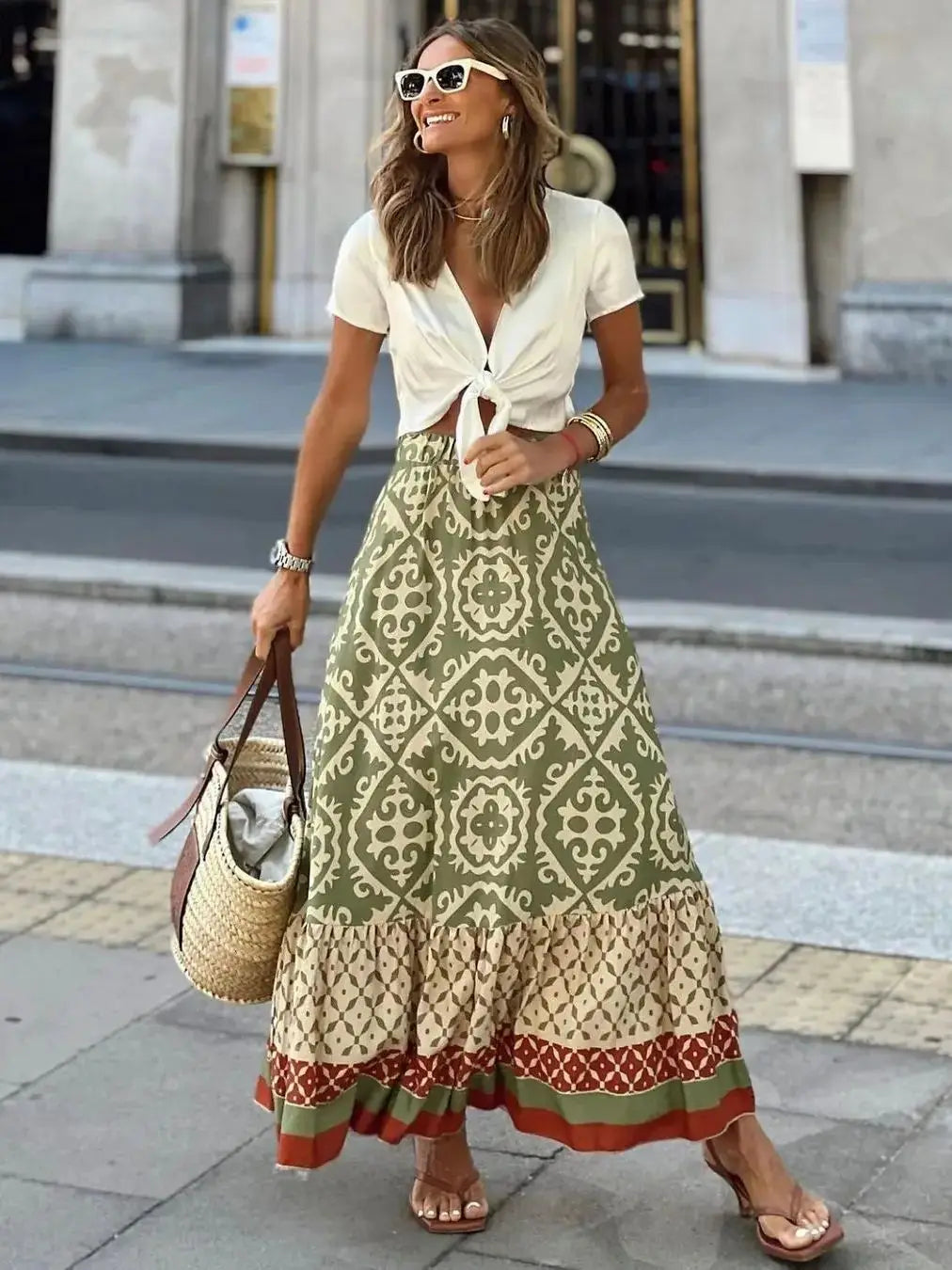 Women's Elastic Waist Printed Large Swing Skirt, Boho Spliced Midi Skirt, Suitable for Beach and Daily Wear