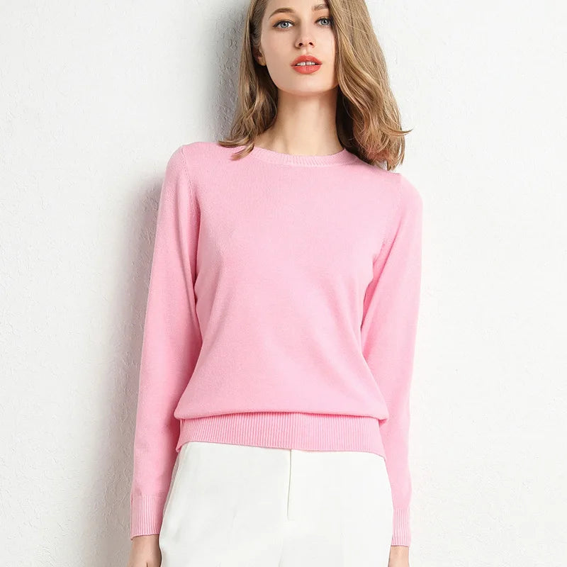Women Slim O-Neck Pullover Cashmere Wool Blending Sweater Autumn And Winter Long-Sleeved Knit Bottoming Shirt Large Size 2024