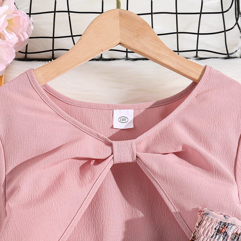 Kid Girl Long Sleeve Bow Design Coat & Beige All Print Shirred-Bodice Sling Dress Set Cute Sweet Elegant Princess Dress For Kids