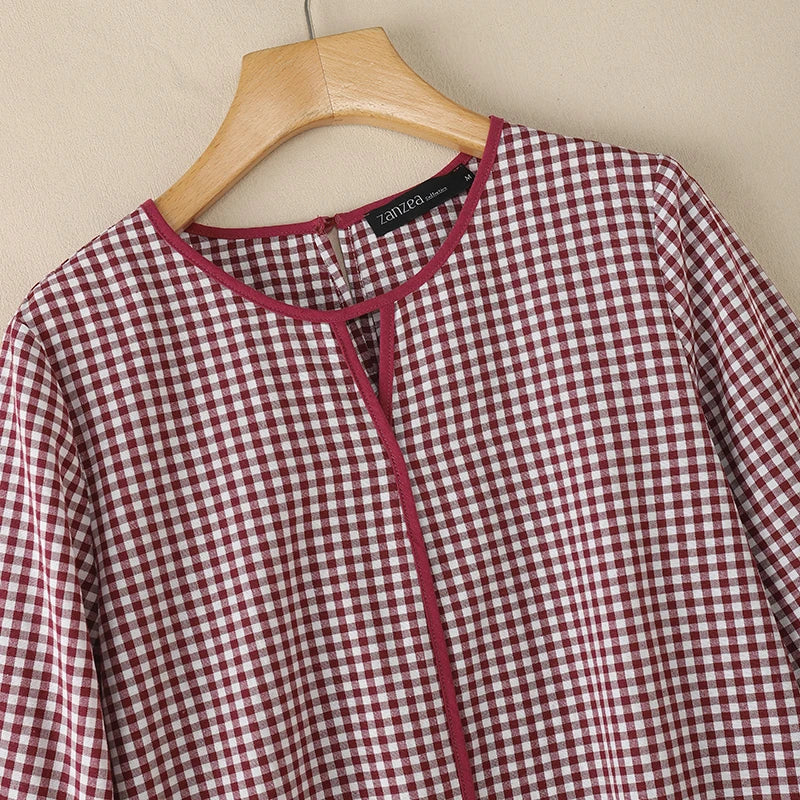 ZANZEA Women Summer Plaid Patchwork Blouse 3/4 Flare Sleeve Cut Out Tops Casual Loose Shirt Retro Chemise Female Work Blusas