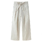 HH Women 2026 New Fashion Versatile Beige Striped Puffy Sleeve Shirt+High Waisted Loose Pleated Casual Long Pants Two Piece  Set