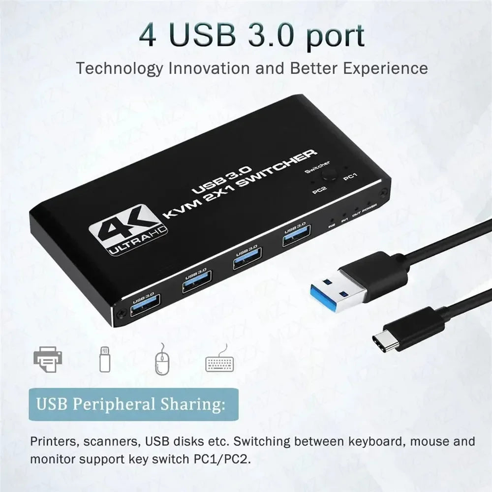 KVM Switch 4K 60Hz Switcher USB 3.0 Hub Docking Station Splitter Dock 2 Computers Share Keyboard Mouse Printer PC Accessories