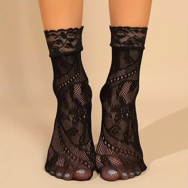 5 Pairs Floral Lace Socks Thin Breathable Short Socks Summer Mesh Lolita Fishing Net Women's Stockings Hosiery