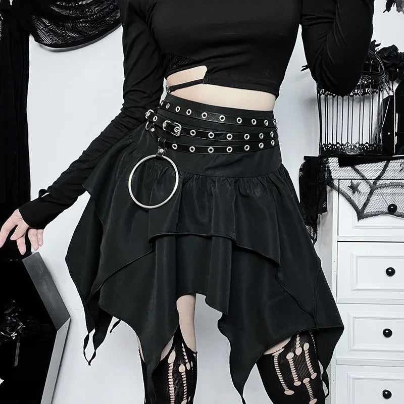 Summer Fashion Short Skirts New Sexy Women Gothic Punk Irregular Skirts Solid Color Drawstring Tie-Up Ruched Ruffles Mini Skirt