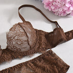 Elegant Lingeries Sexy Hot Exclusive Coffee Bra Belt Thong 3PC with Leg Circles Cute Intimate Lace Tempted Tipsy Set