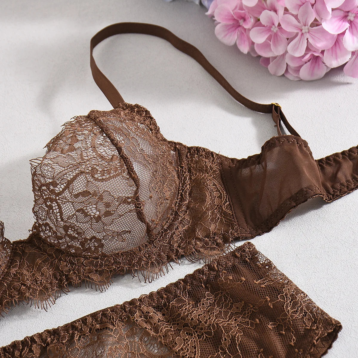 Elegant Lingeries Sexy Hot Exclusive Coffee Bra Belt Thong 3PC with Leg Circles Cute Intimate Lace Tempted Tipsy Set