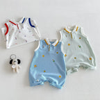 2026 New Summer 0-2Y Baby Clothes Cartoon Print Sleeveless Polo Romper Breathable Mesh Fabric with Placket Snap Closure