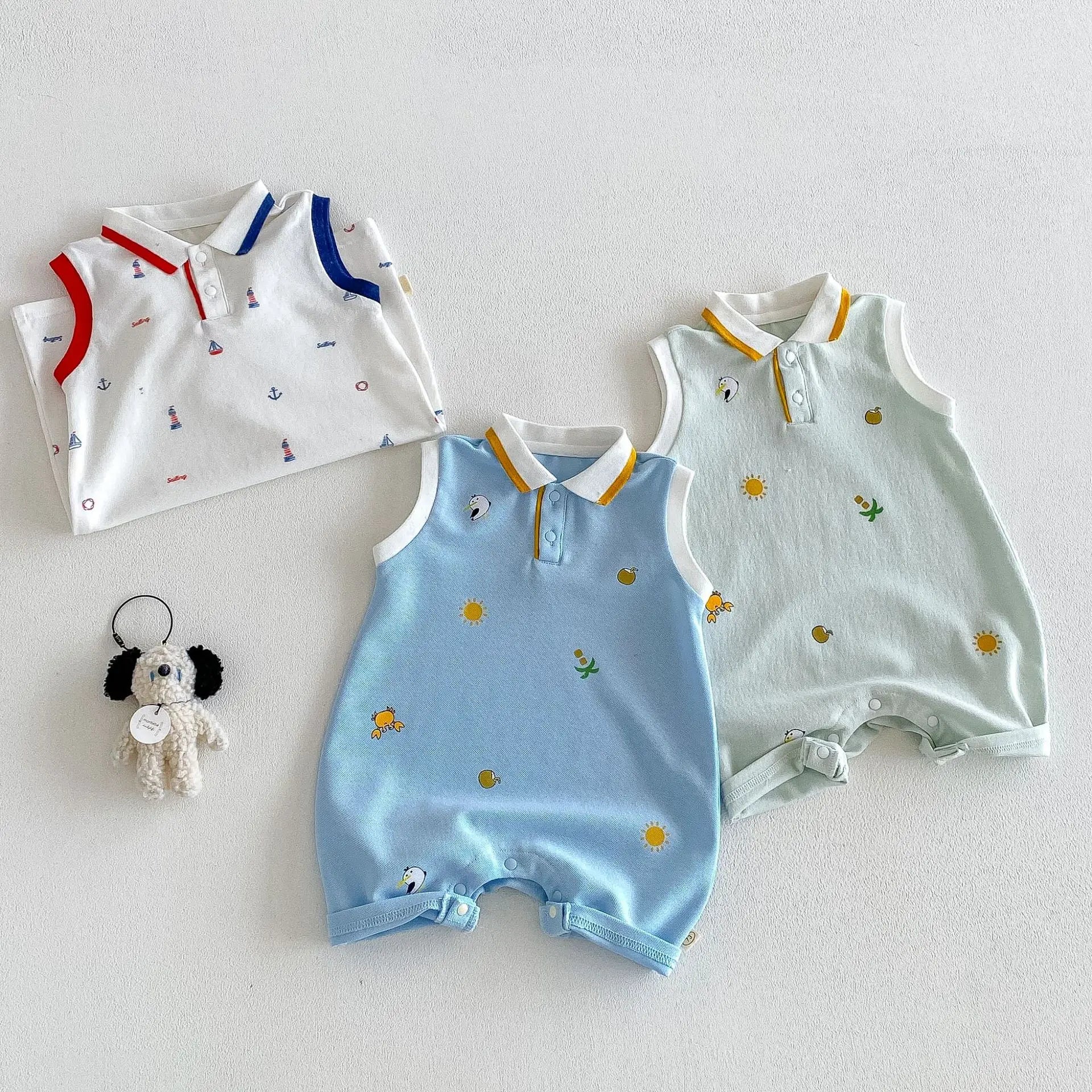 2026 New Summer 0-2Y Baby Clothes Cartoon Print Sleeveless Polo Romper Breathable Mesh Fabric with Placket Snap Closure