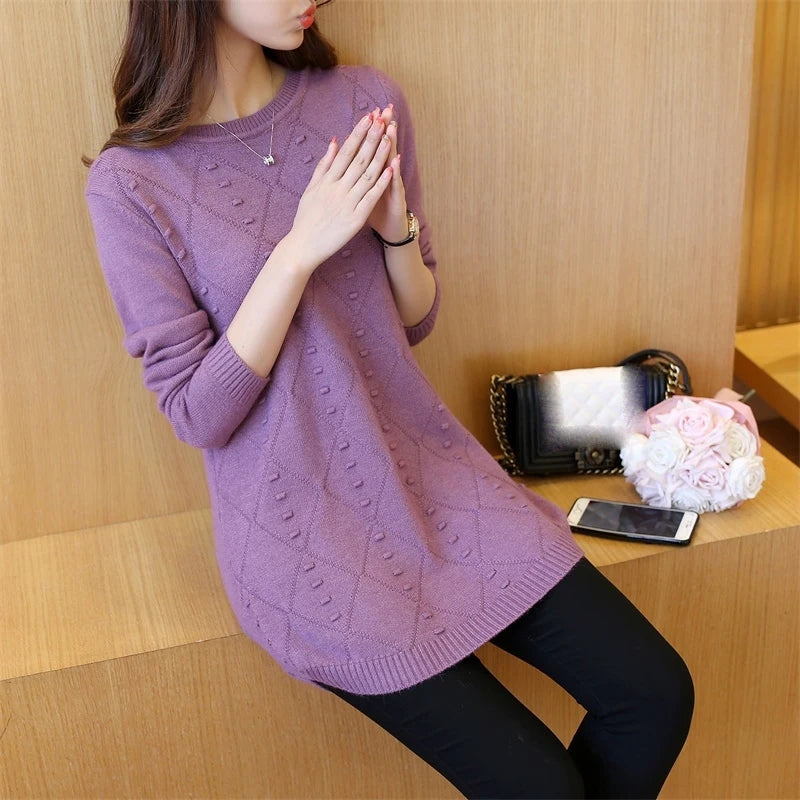 Knitted Jumper Autumn Winter Tops O-neck Long Sleeve Pullovers Casual Warm Women's Sweaters Midi Long Slim Sweater Girls
