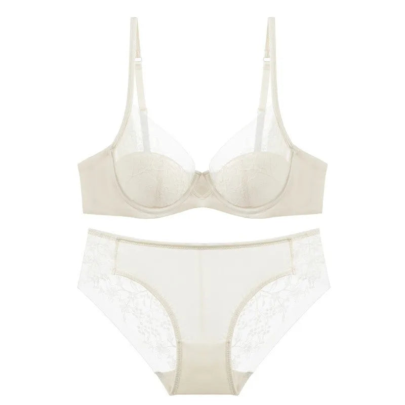 Luxury Women Lingerie Set Sexy Lace Embroidery Underwear French Thin Cup Push Up Bra Summer Mesh Breathable Intimates Bra Sets