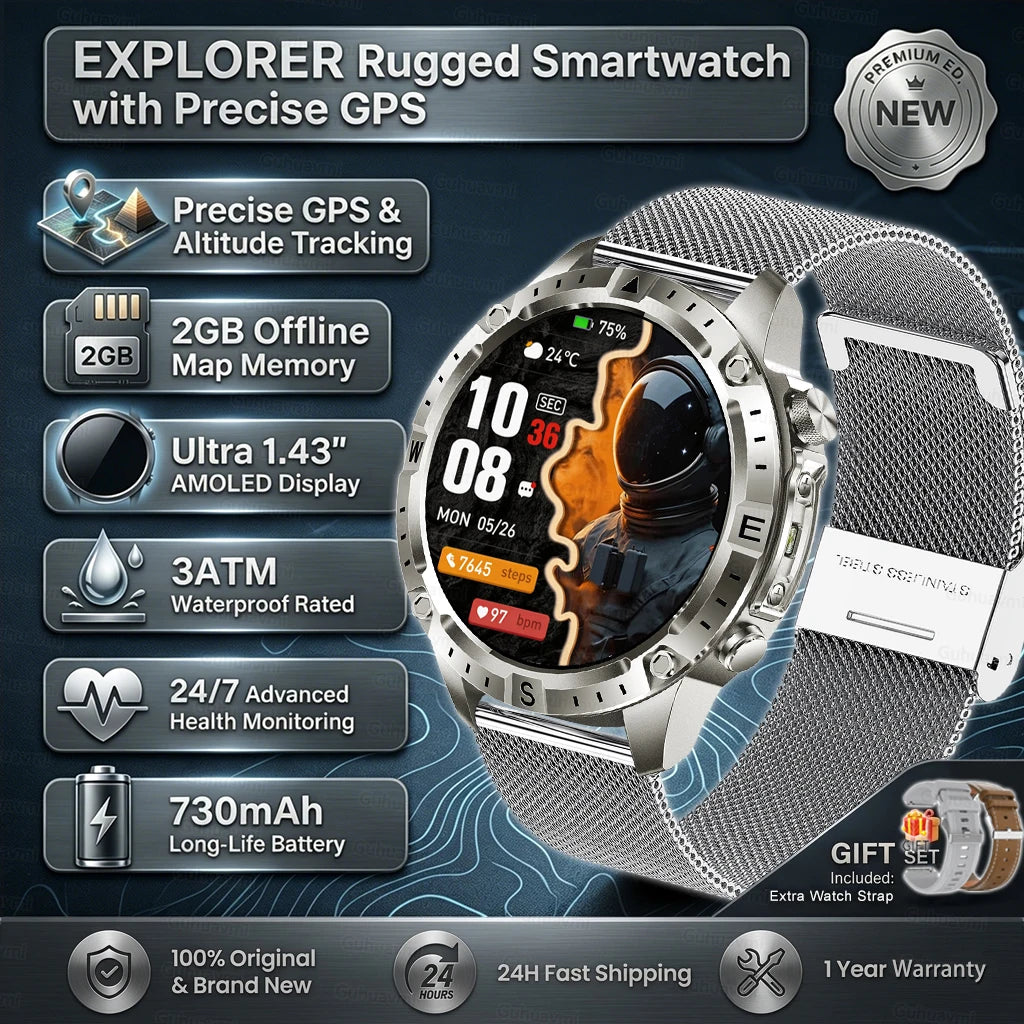 GPS Smart Watch for Men 2G ROM GPS Offline Maps Waterproof Swim Hiking Fitness Tracker Sleep SpO2 Rugged Durable Smartwatch GPS