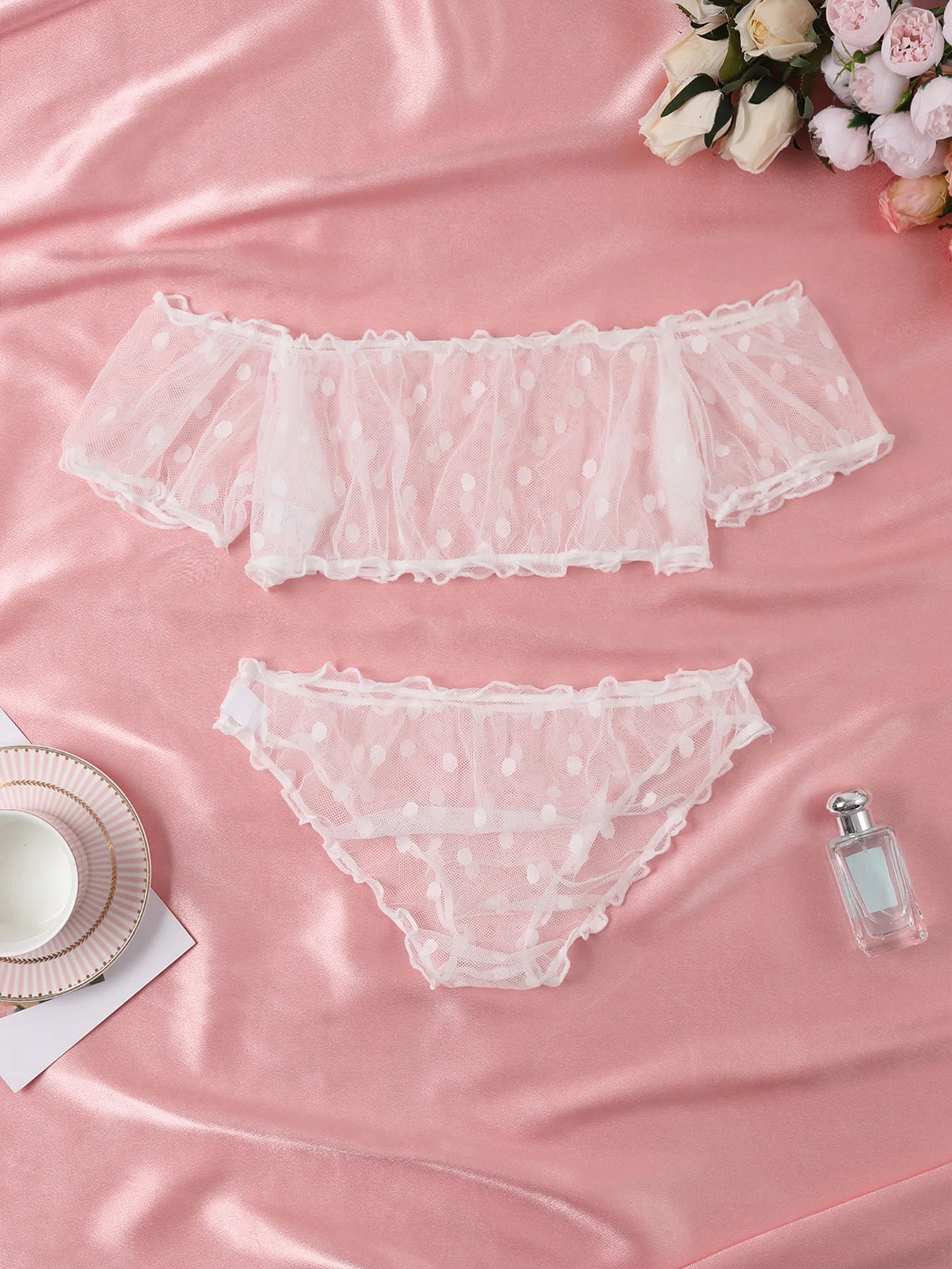 Polka Dot Pattern Semi-sheer Design Lingerie Set Bustier Top And Panty Sets Women's Clothing Secondary image