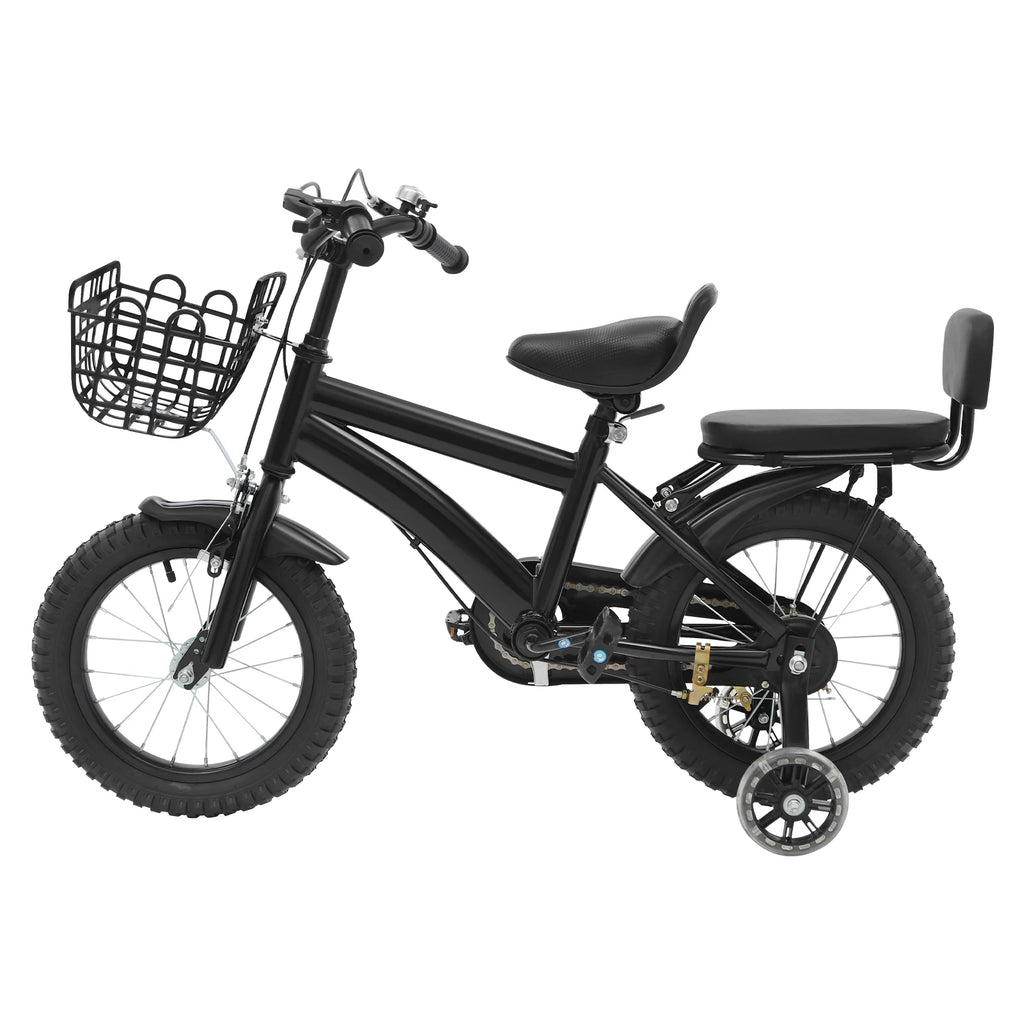 14" Kids Bike Adjustable Children's Bicycle Load 60kg w/Training Wheels+Basket+Backrest Rear Seat for 3-7 Year Old (White/Black)