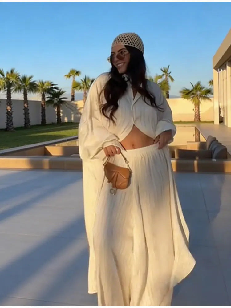 Beige Two Piece Set Women Oversized Button Down Shirt & High Waist Wide Leg Pants Y2k Summer Vacation Kaftan Outfit
