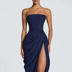 Women Solid Pleated Sexy Strapless Dress Lady Chic Off-shoulder Backless High Waist Split Dresses 2026 New Evening Party Gown