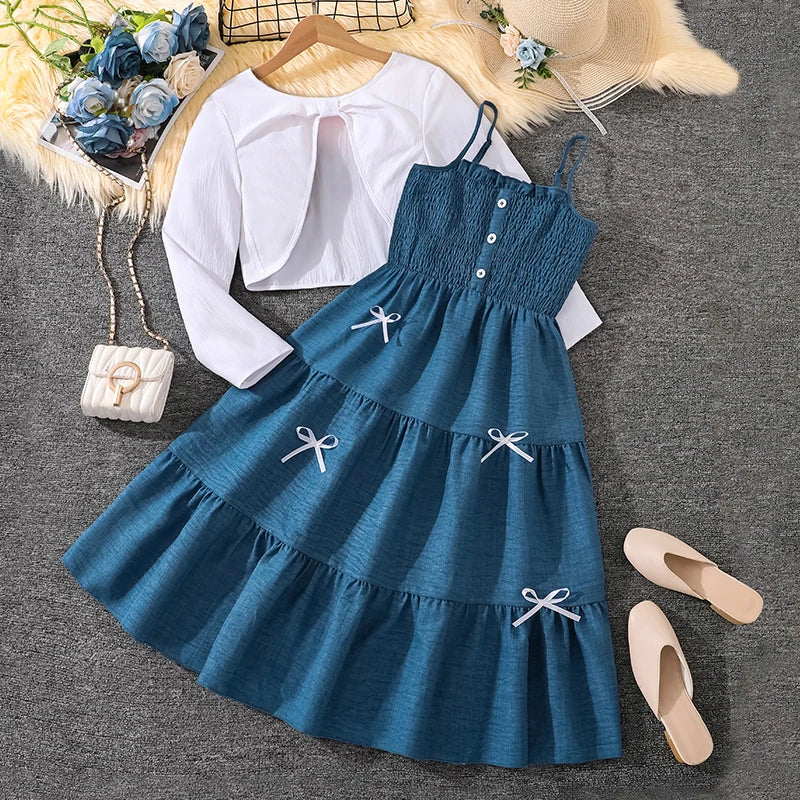 Kid Girl Long Sleeve Bow Design Coat & Beige All Print Shirred-Bodice Sling Dress Set Cute Sweet Elegant Princess Dress For Kids