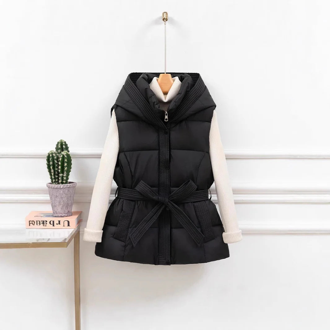 Women's Quilted Puffer Vest Thicken Warm Winter Hooded Coat Solid Color Sleeveless Padded Outwear Cropped Button Zip Up Coat