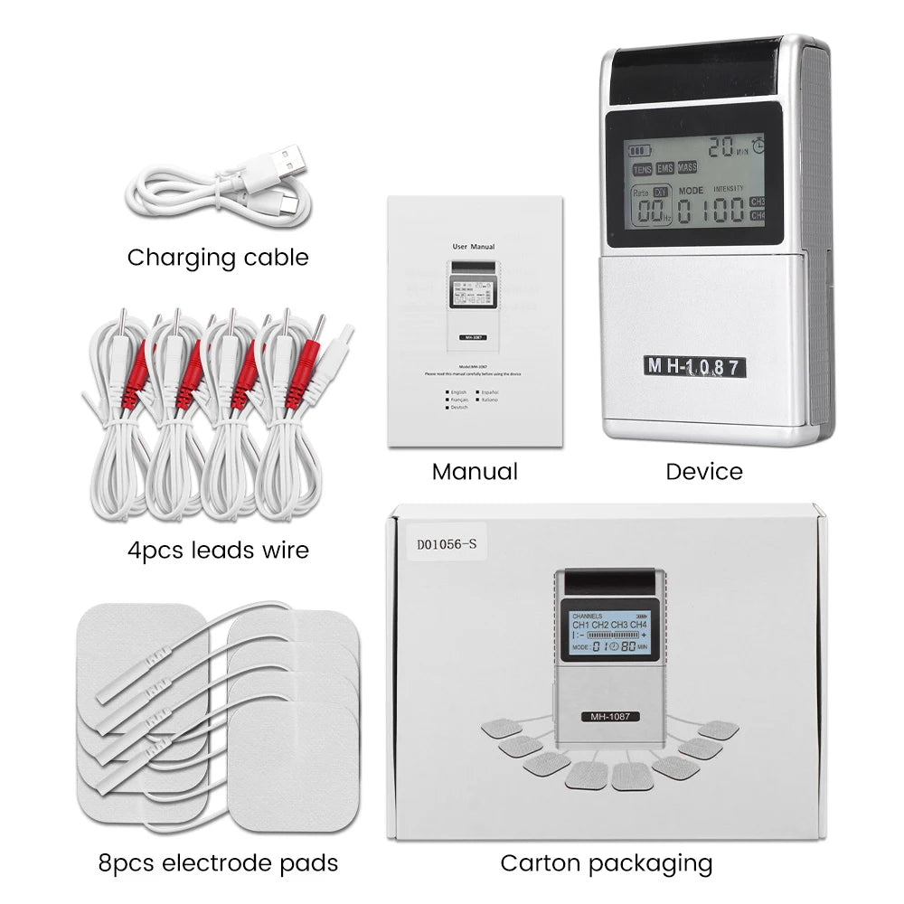 Digital TENS EMS Unit 4-Channel Tens Electrostimulator Rechargeable Muscle Stimulator with 20 Intensity Levels for  Pain Relief