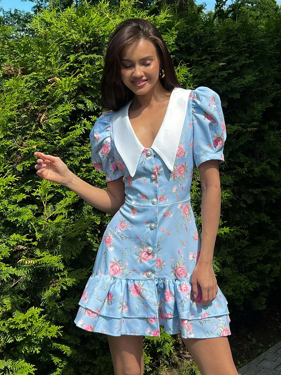 Tossy Printed Lapel Fashion Mini Dress Women's Short Sleeve Patchwork Contrast Elegant Summer Dress 2025 Female Bodycon Dress