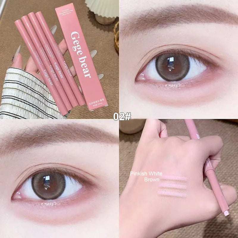 Double Ended Lying Silkworm Pencil 2 in1 Highlighter Nude Lower Eyelid Contour Aegyo-sal Eyeliner Makeup Stick with Detail Brush