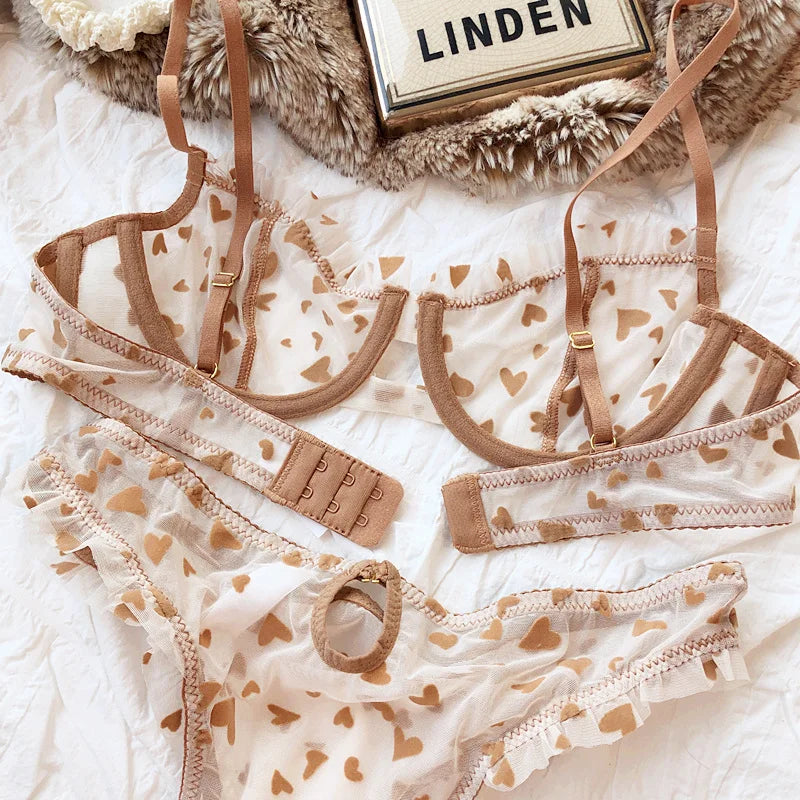 New Lingerie Thongs Set Sexy Ultra Thin Transparent Bra Women Underwire Push Up Bra Set Summer Romantic Peach Heart Underwear
