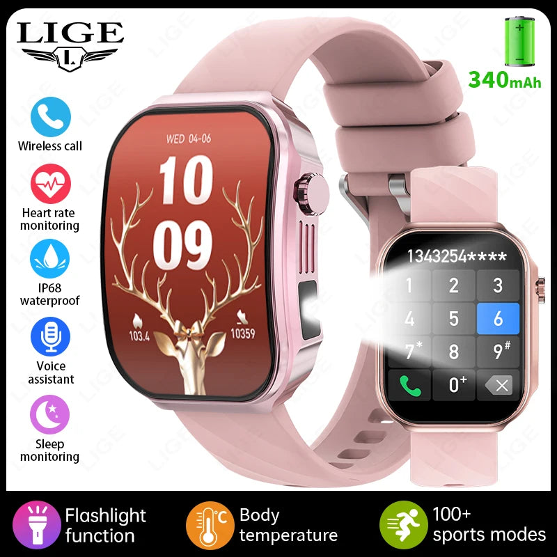 LIGE New 2.2-inch 3D Curved Screen Smart Watch With LED Light Thermometer Health Monitor Smartwatch BT Call Sports Fitness Watch