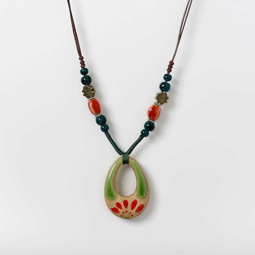 Handmade Vintage Ceramic Necklace Retro craft pottery Ethnic Style Chinese Pendant Unique Women's Accessory  X840G