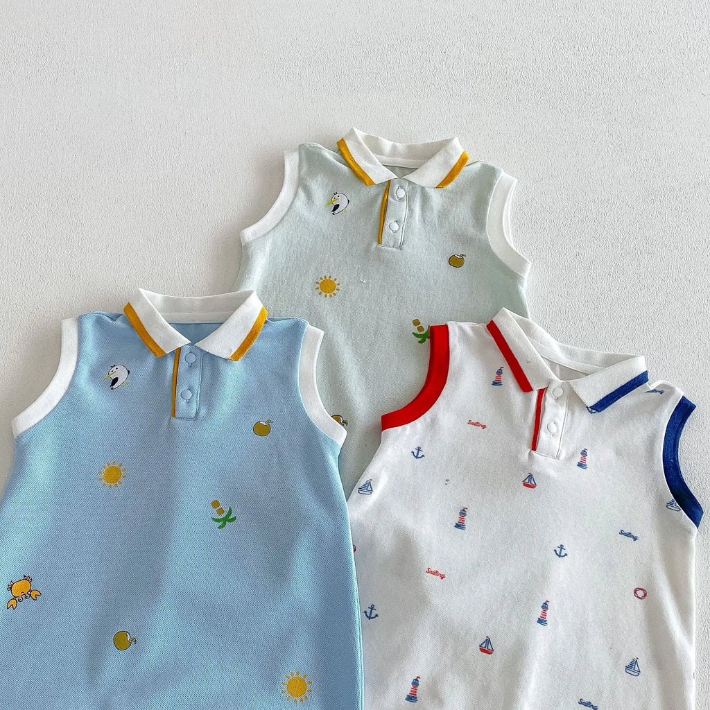 2026 New Summer 0-2Y Baby Clothes Cartoon Print Sleeveless Polo Romper Breathable Mesh Fabric with Placket Snap Closure