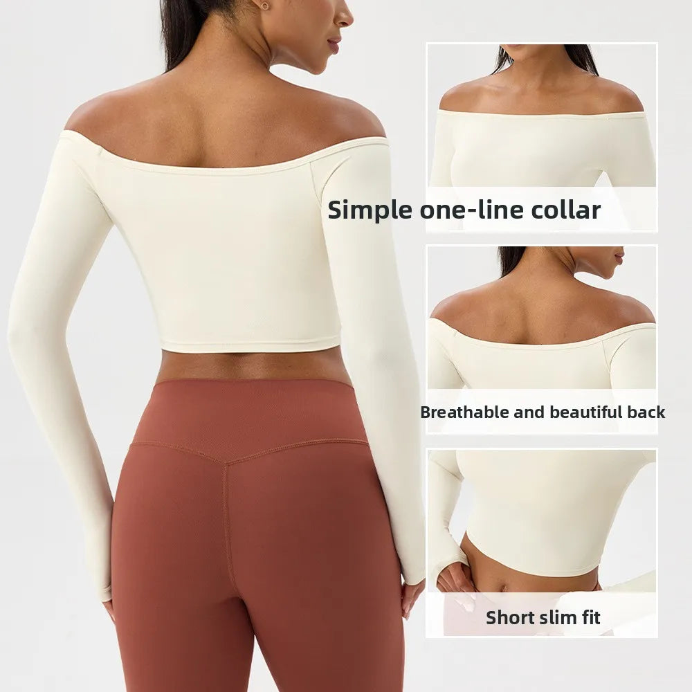 Yoga long-sleeved T-shirt women's one-shoulder sexy tight fitness wear top nude feel quick-drying sports sleeved Yoga Shirts Secondary image