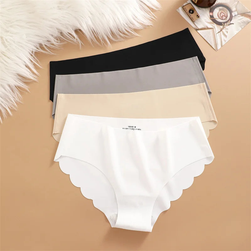 7PCS/Set Ice Silk Seamless Panties Women's Briefs Solid Color Elastic Underwear Female Ultra Thin No Trace Wavy Side Panties