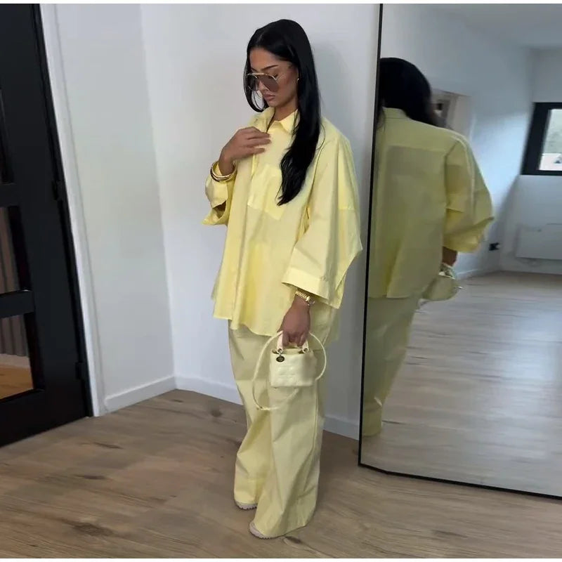 Women Solid Lapel Full Sleeves Pant Suits Chic Single Breasted Wide-leg Long Pants Sets 2026 Lady  Casual Daily Loose Fit Outfit