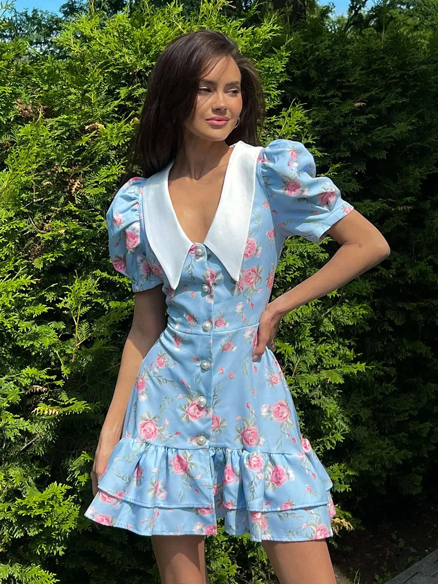 Tossy Printed Lapel Fashion Mini Dress Women's Short Sleeve Patchwork Contrast Elegant Summer Dress 2025 Female Bodycon Dress