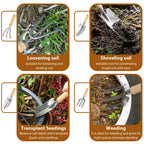 9 Piece Garden Weeding Tools Stainless Steel Gardening Tool Set with Wooden Handle, Weeder