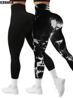 CZGUKE 2-piece women's tie dye pants sports leggings seamless high waisted push ups women's fitness and exercise clothes