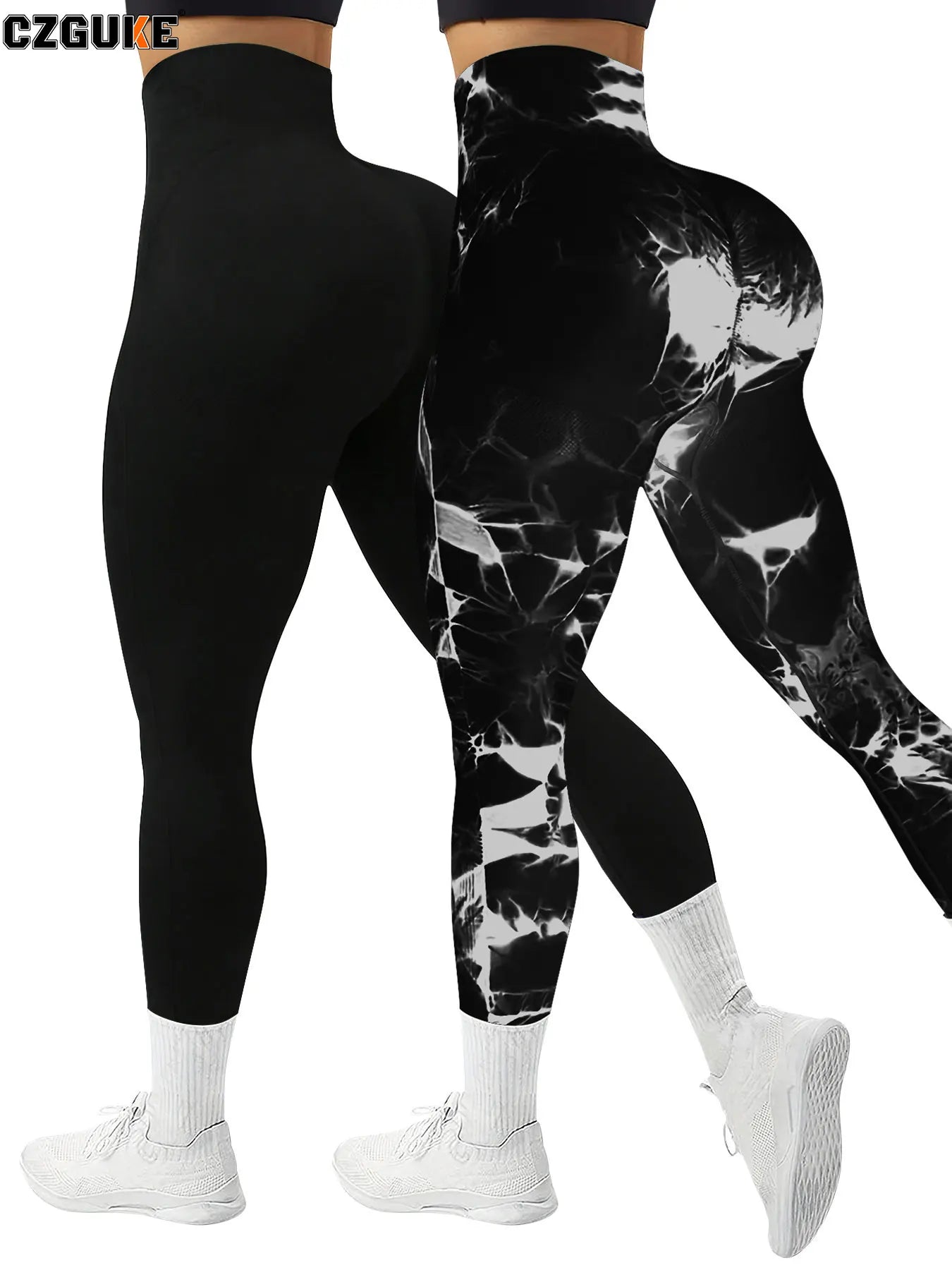 CZGUKE 2-piece women's tie dye pants sports leggings seamless high waisted push ups women's fitness and exercise clothes