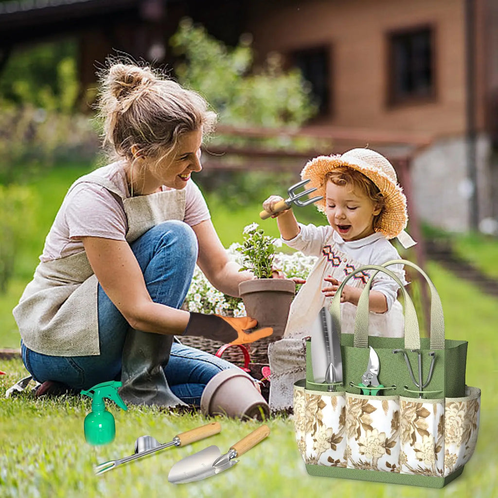 9 Piece Garden Weeding Tools Stainless Steel Gardening Tool Set with Wooden Handle, Weeder