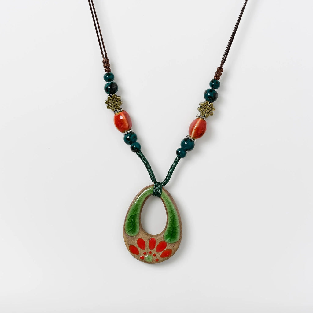 Handmade Vintage Ceramic Necklace Retro craft pottery Ethnic Style Chinese Pendant Unique Women's Accessory  X840G
