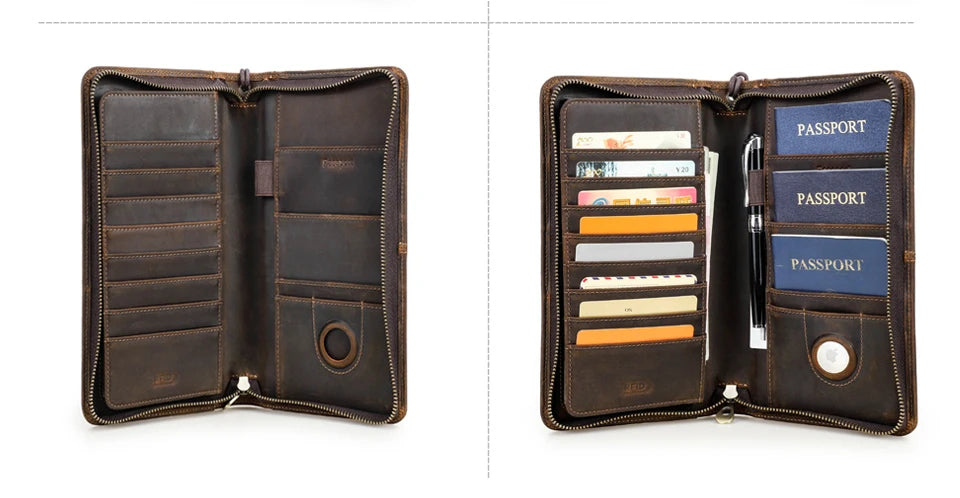 Family Passport Wallet with AirTag Slot for Travel Genuine Leather Credit Card Boarding Pass Holder Pen Cover Money Clutch Bag