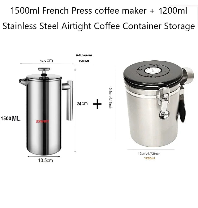 1.5L Coffee Maker French Press Stainless Steel Espresso Coffee Machine French Press Double-Wall Insulated Coffee Tea Maker Pot